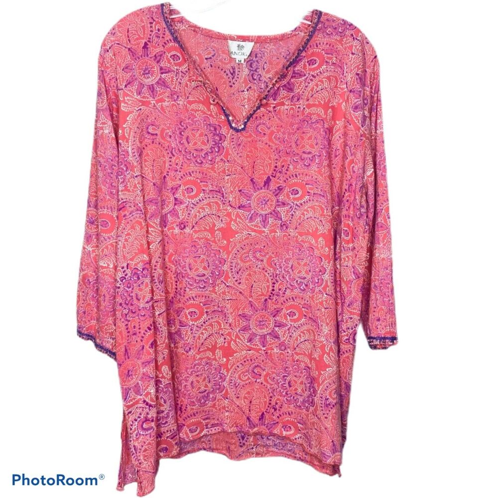 ANOKHI Tunic Paisley Boho Chic Pink V-Neck‎ M